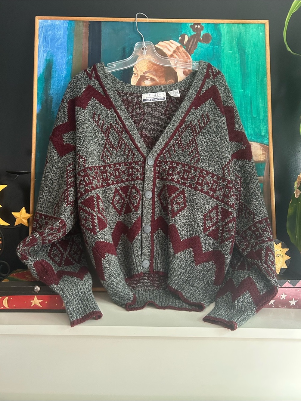 Vintage Club International Geometric Knit Grandpa Cardigan Burgundy Gray